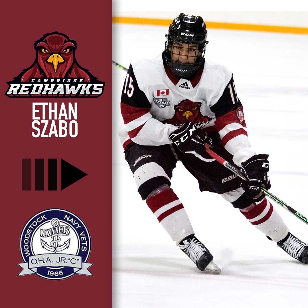 We have traded forward Ethan Szabo to the @woodstocknavyvets. Ethan was with us for the 2021-22 Cherrey cup season, putting up 9 points in 37 games. Thank you for everything Ethan and we wish you good luck on your new squad! ⚓️

#RedHawksRiseUp