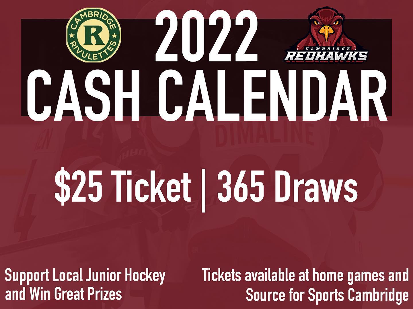Remember that Cash Calendars are still available until this Saturday!

Order yours online today or email Cindy at cstewart@cambridgeredhawks.com

🔗: https://www.cambridgeredhawks.com/cash-calendar-2022