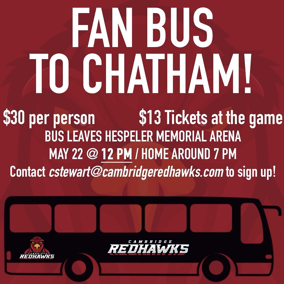 We still have spots to fill in the fan bus tomorrow! Come out and support your RedHawks tomorrow afternoon on our run for the Sutherland Cup 🏆

Email cstewart@cambridgeredhawks.com to buy your tickets! 

#RedHawksTakeFlight